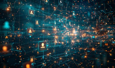 Obraz premium VFX Animated Background with Virtual Social Media Reality Interconnected by Internet Into Worldwide Web. Internet of Things Concept with Videos, Avatars, Profiles Flowing in Online, Generative AI