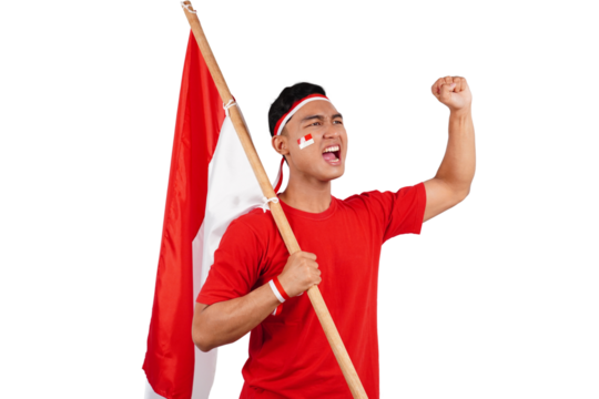 Indonesian man celebrating Indonesia's independence day on 17 August by holding the Indonesian flag isolated transparent