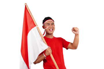 Indonesian man celebrating Indonesia's independence day on 17 August by holding the Indonesian flag isolated transparent