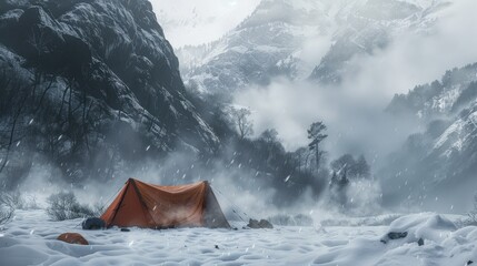 21. Snow Camping, realistic style, earth tones, nature-inspired pattern, medium shot, natural light, fog,