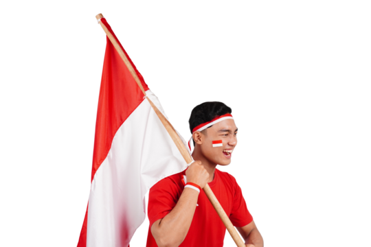 Indonesian man celebrating Indonesia's independence day on 17 August by holding the Indonesian flag isolated transparent