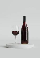 Modern 3D Illustrated Red Wine Bottle with Glass Filled