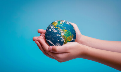 Two Hands Cradle a Miniature Earth, Save The Earth Concept, Generative AI. 