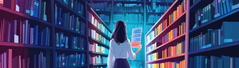 Thorough anime girl comparing bar charts in library, medium wide shot, researchfocused, studio lighting