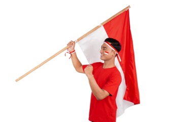 Indonesian man celebrating Indonesia's independence day on 17 August by holding the Indonesian flag isolated transparent