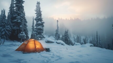 21. Snow Camping, realistic style, earth tones, nature-inspired pattern, medium shot, natural light, fog,