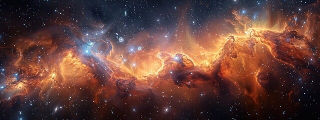 Cosmic Tapestry: A panoramic view of the universe, showcasing galaxies of various shapes and sizes, nebulae in vibrant colors, and star clusters twinkling against a deep black backdrop.unknown.