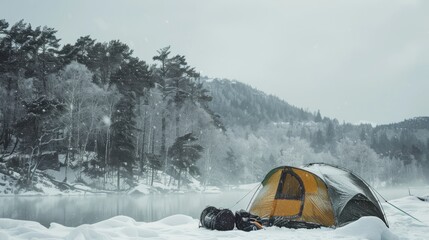 21. Snow Camping, realistic style, earth tones, nature-inspired pattern, medium shot, natural light, fog,