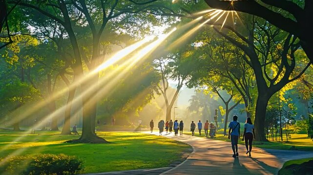 A group of folks out for a morning walk in the park