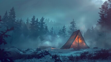 22. Winter Tent, realistic style, muted tones, abstract shapes, high angle, bright light, smoke,