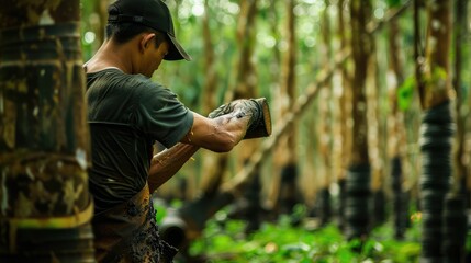 Fototapeta premium Rubber Tree Tapping in Lush Plantation