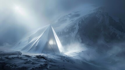 22. Winter Tent, realistic style, muted tones, abstract shapes, high angle, bright light, smoke,