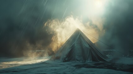 22. Winter Tent, realistic style, muted tones, abstract shapes, high angle, bright light, smoke,
