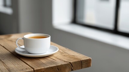 Obraz premium Cozy Morning Coffee in a White Cup on a Rustic Wooden Table by a Sunlit Window in a Minimalist Setting