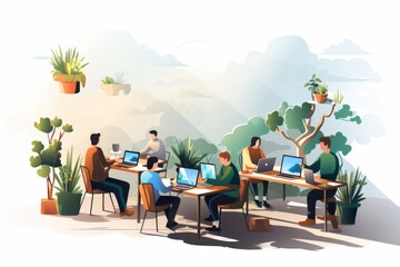 Naklejka premium A Group of People Working on Laptops in a Green Outdoor Setting