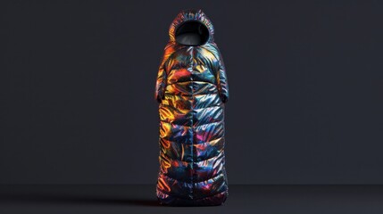 23. Thermal Sleeping Bag, realistic style, vibrant hues, metallic pattern, eye level, soft light, shadows,