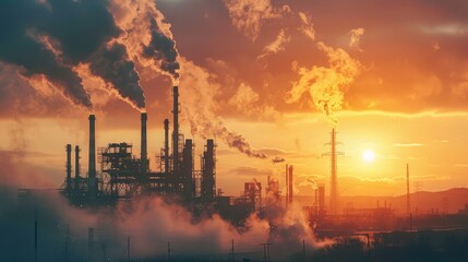 Industrial Plant at Sunset Emitting Smoke