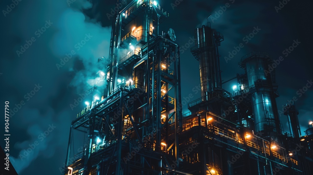 Sticker Illuminated Industrial Plant at Night