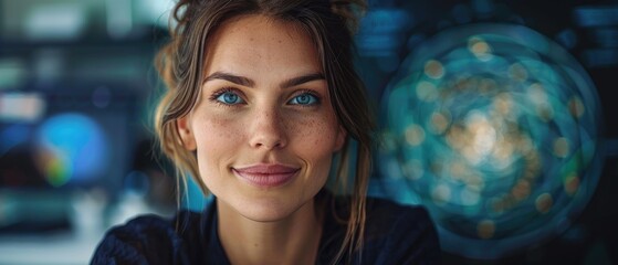 Naklejka premium Confident Woman Scientist in HighTech Laboratory with Abstract Network Background