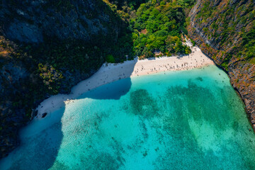 Amazing travel drone photo of landmark of Thailand island Ko Phi Phi Lee with paradise lagoon Maya...