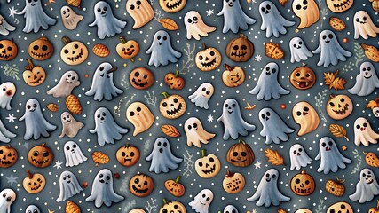 Halloween modern ghost cartoon seamless pattern illustration. Colorful October holiday spirit character background. Scary autumn party wallpaper texture of funny ghosts. 