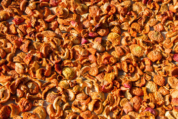 A lot of dried fruits. Dried apple texture. Natural dried fruits.