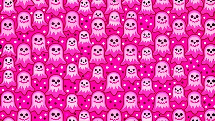 Halloween modern ghost cartoon seamless pattern illustration. Pink October holiday spirit character background. Scary autumn party wallpaper texture of funny ghosts. 