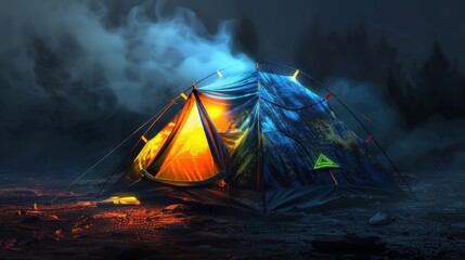 37. Waterproof Tent, realistic style, bold colors, metallic pattern, eye level, bright light, smoke,