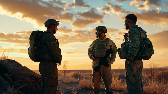 Standing debate on a war field in the Middle East desert is a team of uniformed military soldiers.