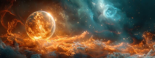 Obraz premium A vibrant explosion of light and color illuminates the dark night sky, blending stars and clouds in a cosmic dance.