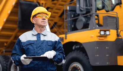 Concept banner automated logistics online internet. Dump truck driver man in uniform with tablet...