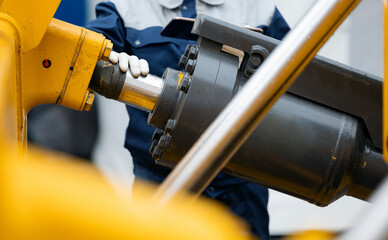 Pneumatic hydraulic piston for industry machinery technology. Concept chrome plated cylinder shaft...