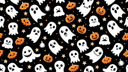Halloween modern ghost cartoon seamless pattern illustration. Black and white October holiday spirit character background. Scary autumn party wallpaper texture of funny ghosts. 