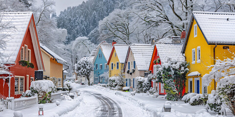 Winter in an european village with houses covered in snow.