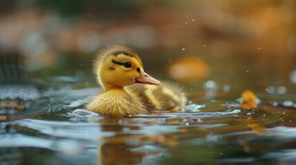 Duckling swimming in pond with waves Text space included