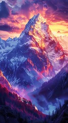 Illustrate the power of resilience in a rugged mountain range scene at sunset, where the vibrant colors and dramatic lighting convey strength and determination in the face of challenges