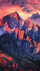 Illustrate the power of resilience in a rugged mountain range scene at sunset, where the vibrant colors and dramatic lighting convey strength and determination in the face of challenges