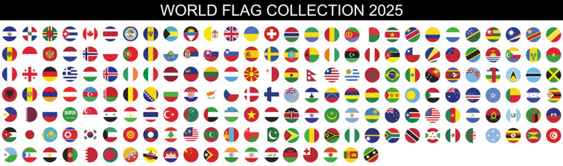 World flag vector icon set. All country round circle flag buttons isolated on transparent background. latest collection