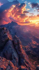 Tableau sur toile Coucher de soleil Illustrate the power of resilience in a rugged mountain range scene at sunset, where the vibrant colors and dramatic lighting convey strength and determination in the face of challenges  © jinna