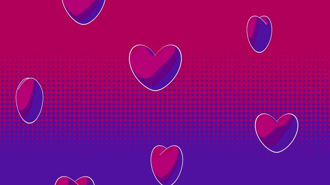 Charming pattern of hearts scattered on a gradient background transitioning from pink to purple. Adding a playful touch to the romantic and vibrant. 4K and Halftone Pattern