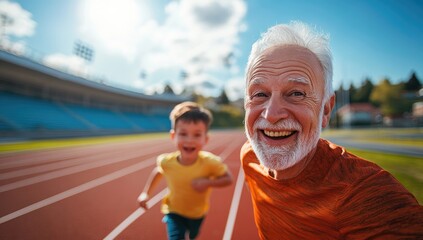 happy grandfather and grandson jogging or running at the marathon stadium