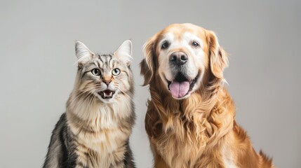 A cat and dog sitting with wagging tails and content looks on their faces.