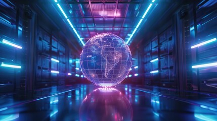 Futuristic Data Center with Digital Globe