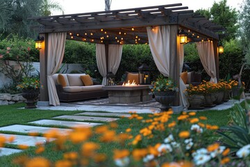 A tranquil outdoor patio featuring comfortable seating, stylish lighting, and a warm fireplace surrounded by lush greenery, perfect for relaxation and socializing.