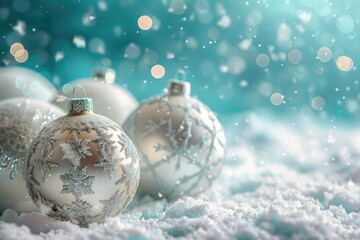 A festive scene featuring silver Christmas ornaments adorned with snowflake patterns, nestled in the snow, with warm bokeh lights twinkling in the background to create a cozy ambiance.