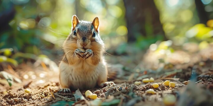 Adorable chipmunk enjoying a corn kernel in a lush setting, embodying natural charm and innocence with its fluffy tail and tiny paws.