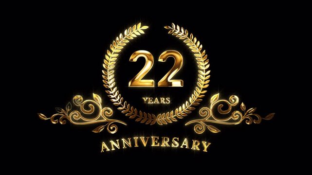 22nd Anniversary Celebration. Happy 22 Years Anniversary Animation in Gold Color on the Transparent Background, Alpha Channel. Great for greetings, celebrations, events, and gifts.