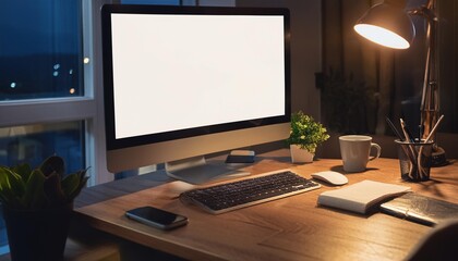 Cozy Contemporary Workspace at Night with L-Shaped Wooden Desk and Tech Setup laptop, computer, notebook, business, technology, office