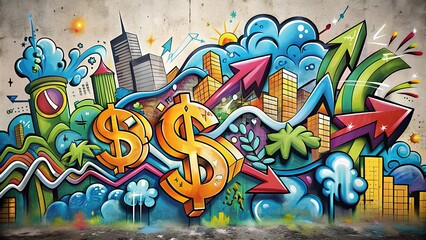 Graffiti Style Illustration of Business Growth Vibrant City Wall, Growing Tree, Dollar Signs, Rising Graphs, Bold Spray Paint, Urban Textures, Energetic Collaboration, Bright Colors, Business Success 