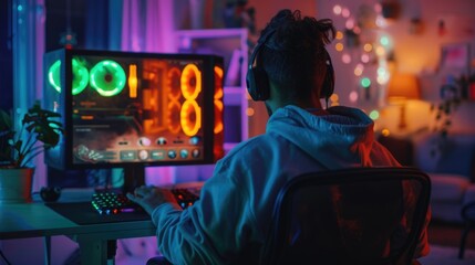 Obraz premium Gamer playing video game at night